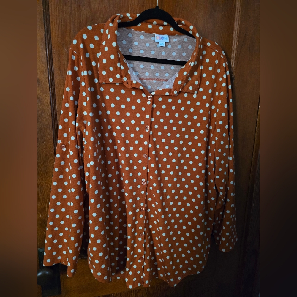 LuLaRoe Orange and White Polka Dot Top
